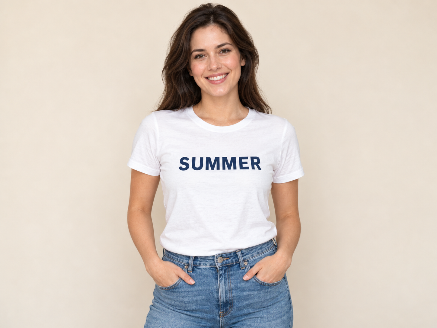 AI-generated adult model wearing a white T-shirt with SUMMER lettering